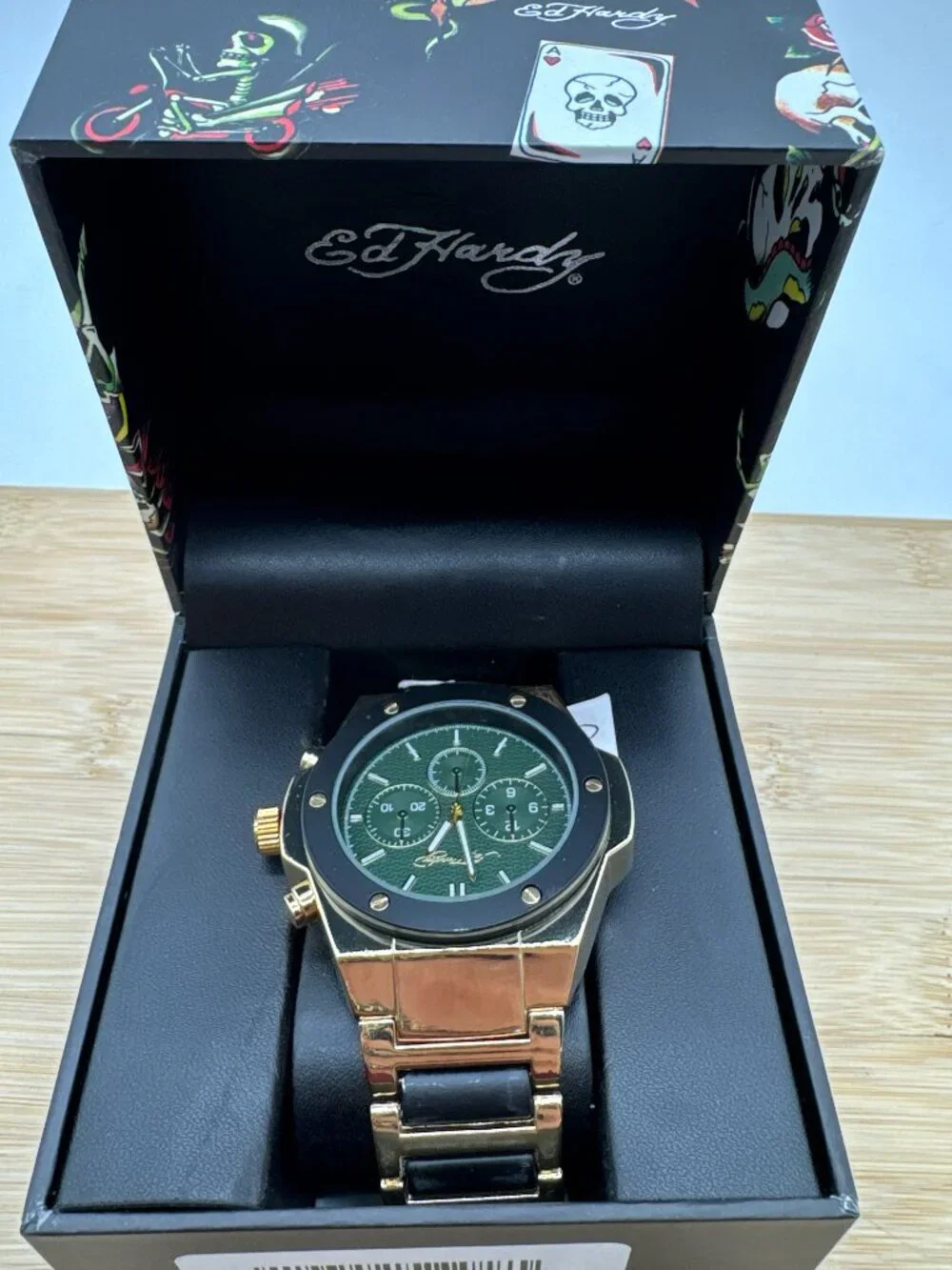 Ed Hardy Men's Gold Tone Bracelet Watch Green Dial Analog Quartz 46mm